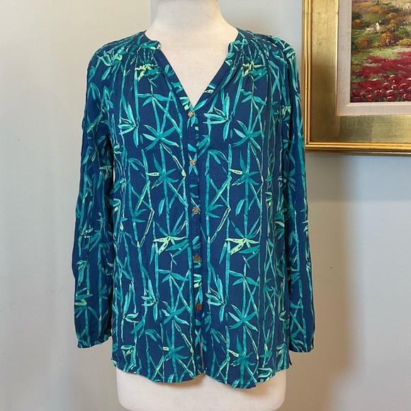 Lilly Pulitzer Blue Green Bamboo Print Button Front Blouse - Picture 1 of 7